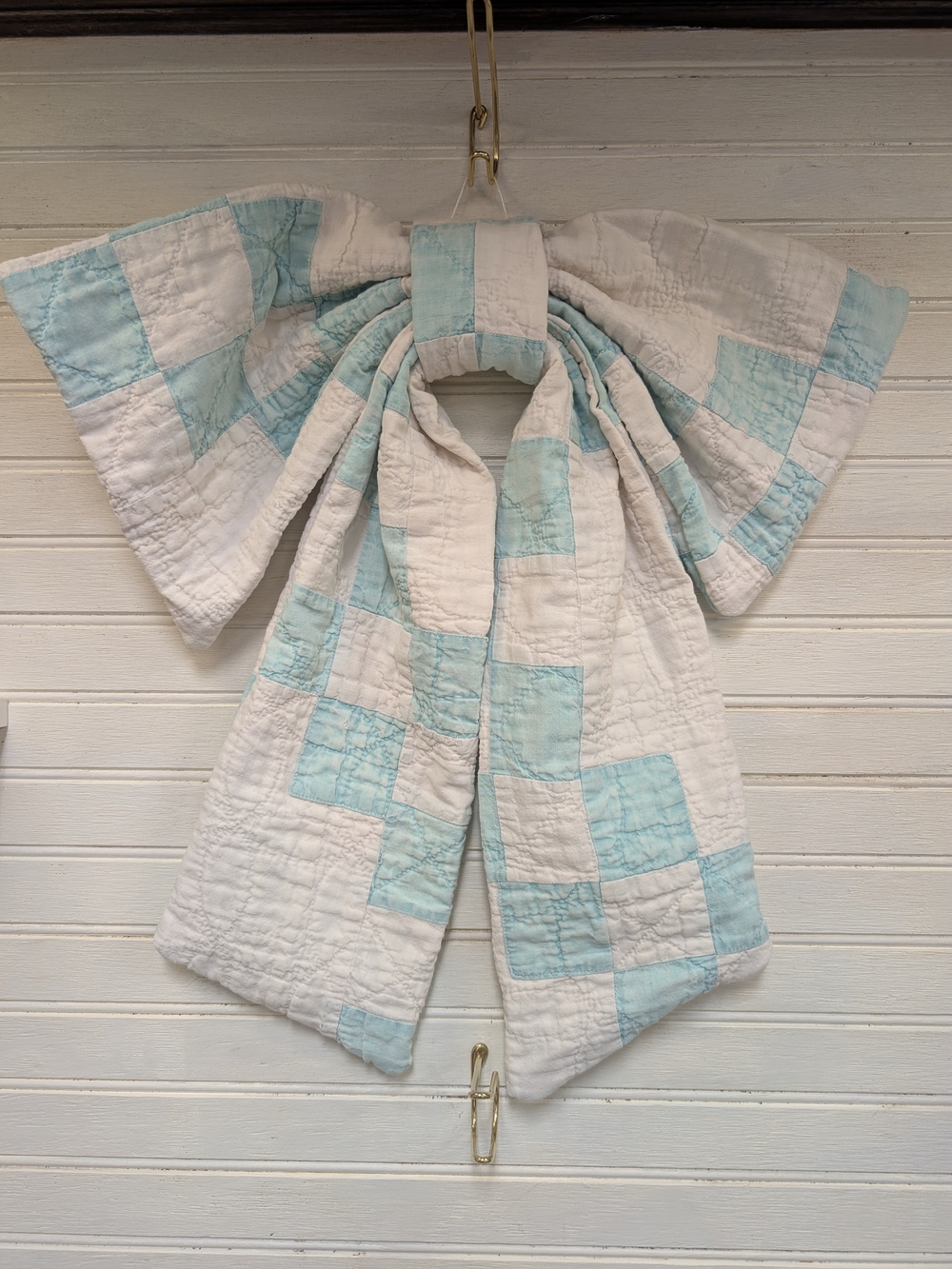Handmade Patchwork Quilted Bow Light Teal White Cottagecore